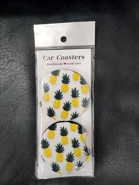 Pineapple Car Coasters - Yellow & Green Tropical Set